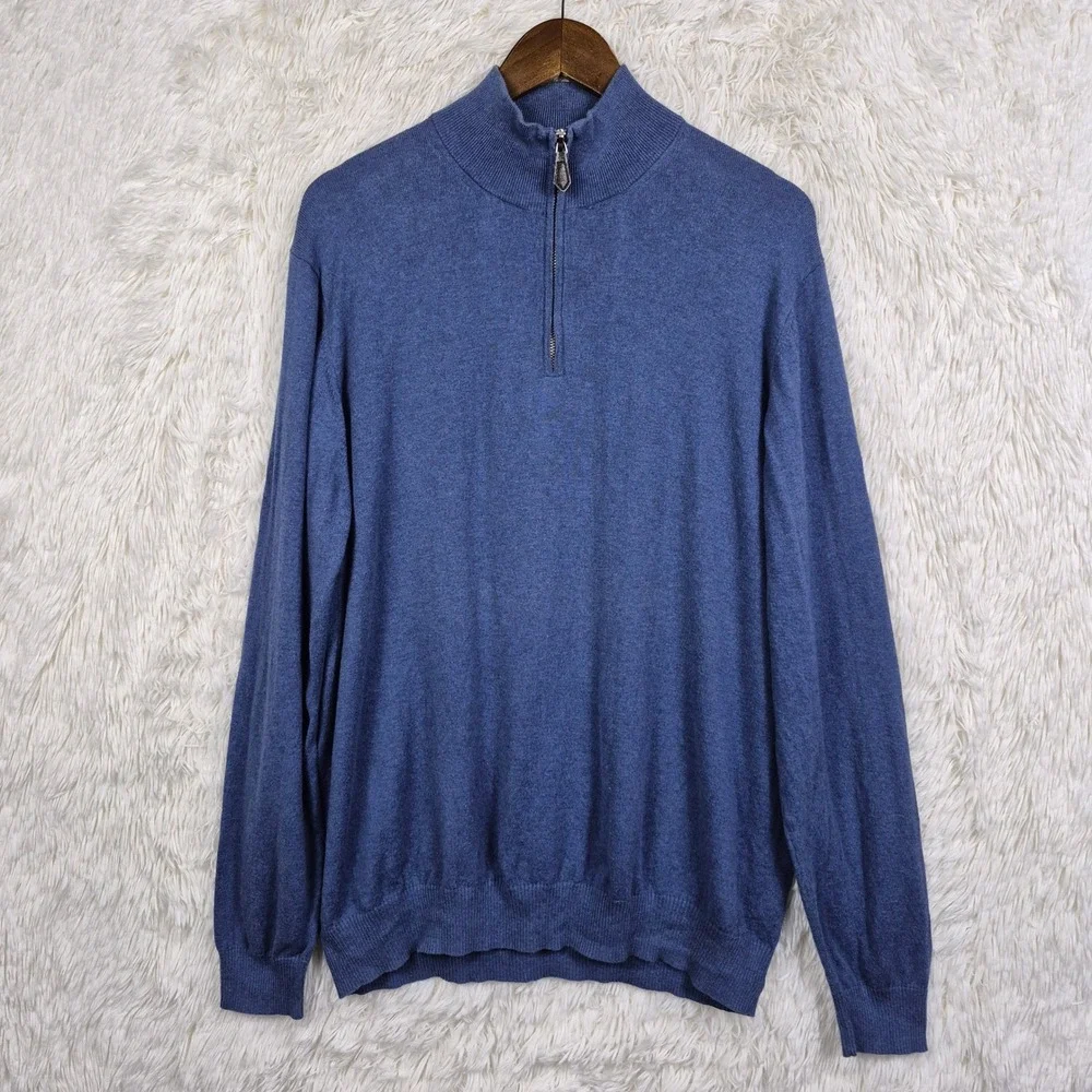 Charles Tyrwhitt Blue Cotton Cashmere Quarter Zip‎ Sweater Mens XL Preppy